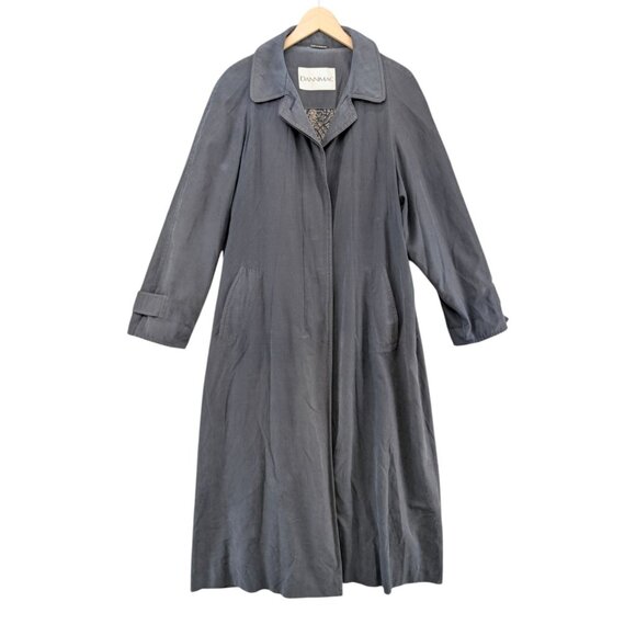 Vtg Dannimac Trench Coat Womens Slate Blue Lined Button Front ENGLAND Size L - Picture 1 of 12